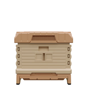 Rear view of Ergo PLUS Single Brood Box Beehive Set .Rear view of tan color hive-Apimaye