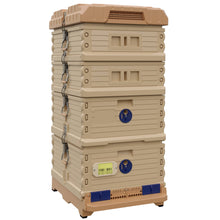Load image into Gallery viewer, Ergo Plus Honey &amp; Brood Beehive Set. Tan color hive with blue entrance, a tan color deep super with blue round entrance, two tan color medium supers. - Apimaye