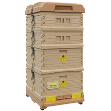 Load image into Gallery viewer, Ergo Plus Honey &amp; Brood Beehive Set. Tan color hive with yellow entrance, a tan color deep super with yellow round entrance, two tan color medium super. - Apimaye