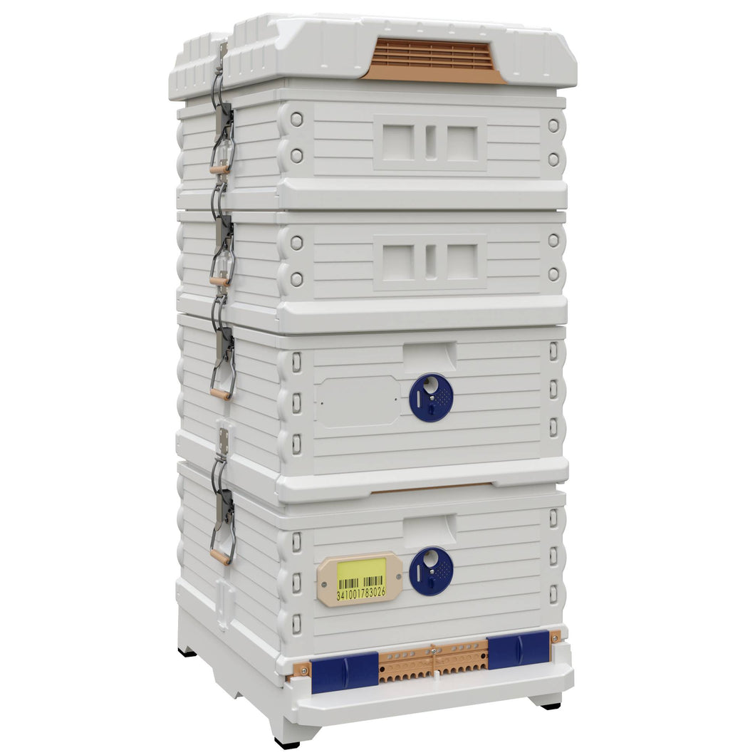 Ergo Plus White Honey & Brood Beehive Set. White color hive with blue entrance, white color deep super with blue round entrance, two white color medium supers.- Apimaye