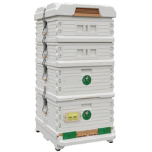 Load image into Gallery viewer, Ergo Plus White Honey &amp; Brood Beehive Set. White color hive with green entrance, white color deep super with green round entrance, two white color medium super. - Apimaye