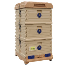 Load image into Gallery viewer, Ergo Plus Simplicity Honey &amp; Brood Beehive Set. Tan color hive with blue entrance, tan color double deep super with blue round entrance.- Apimaye