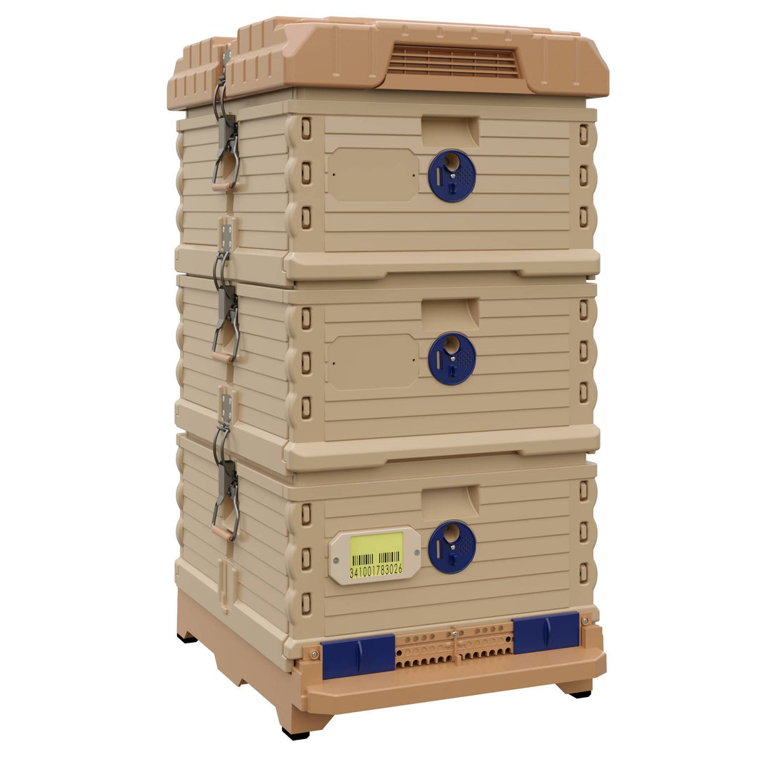 Ergo Plus Simplicity Honey & Brood Beehive Set. Tan color hive with blue entrance, tan color double deep super with blue round entrance.- Apimaye