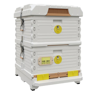Ergo PLUS White Double Brood Box Beehive Set. White color hive with yellow entrance, white color deep super with yellow round entrance - Apimaye
