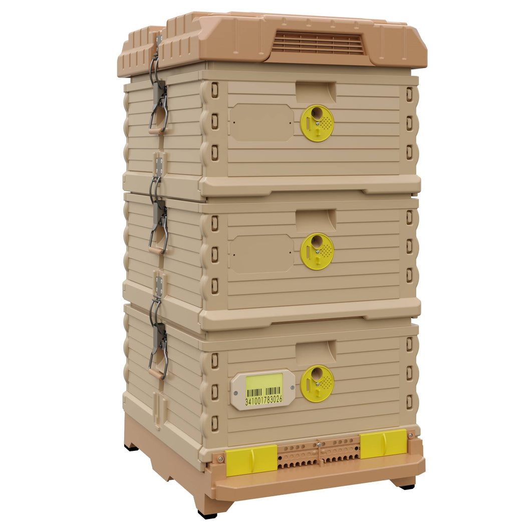 Ergo Plus Simplicity Honey & Brood Beehive Set. Tan color hive with yellow entrance, tan color double deep box with yellow round entrance. - Apimaye