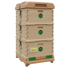 Load image into Gallery viewer, Ergo Plus Simplicity Honey &amp; Brood Beehive Set. Tan color hive with green entrance, tan color double deep super with green round entrance.- Apimaye