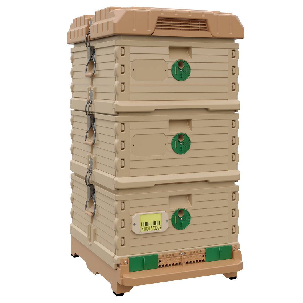 Ergo Plus Simplicity Honey & Brood Beehive Set. Tan color hive with green entrance, tan color double deep super with green round entrance.- Apimaye