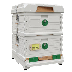 Ergo PLUS White Double Brood Box Beehive Set.  White color hive with green entrance, white color deep super with green round entrance -Apimaye