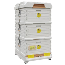 Load image into Gallery viewer, Ergo Plus White Simplicity Honey &amp; Brood Beehive Set. White color hive with yellow entrance, white color double deep super with yellow round entrances.- Apimaye