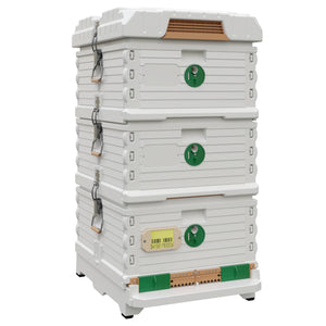 Ergo Plus White Simplicity Honey & Brood Beehive Set. White color hive with green entrance, white color double deep super with green round entrances. - Apimaye