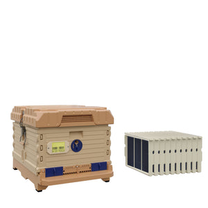 Apimaye Ergo Tan Color Hive With Pro Frames And Foundations. Tan color hive with blue entrance. - Apimaye