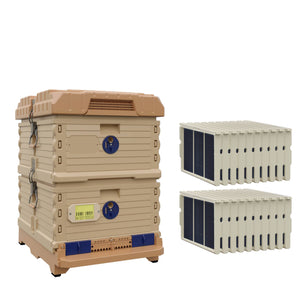 Ergo Double Brood Beehive Set.  Tan color hive with blue hive entrance, tan color deep super with blue round entrance, including pro frames and foundations.- Apimaye.