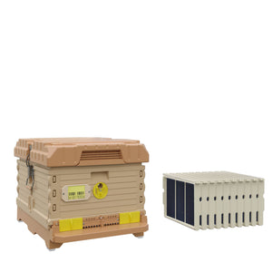 Apimaye Ergo Tan Color Hive With Pro Frames And Foundations. Tan color hive with yellow entrance. - Apimaye.