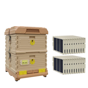Ergo Double Brood Box Beehive Set. Tan color hive with yellow entrance, tan color deep super with yellow round entrance, including pro frames and foundations.- Apimaye.