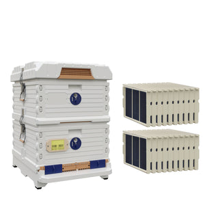Ergo Plus Double Brood Box Beehive Set. White color hive with blue entrance, white color deep super with blue round entrance, including pro frames and foundations.- Apimaye.