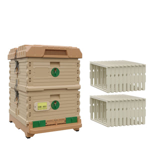 Ergo Double Brood Box Beehive Set. Tan color hive with green entrance, tan color hive super with green round entrance, including pro frames.- Apimaye.