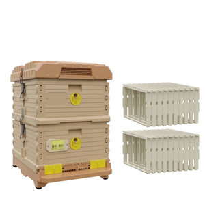 Ergo Double Brood Box Beehive Set. Tan color hive with yellow entrance, tan color deep super with yellow round entrance, including pro frames.- Apimaye.