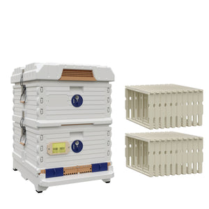 Ergo Plus Double Brood Box Beehive Set. White hive with blue entrance, white deep super with blue round entrance, including pro frames.- Apimaye
