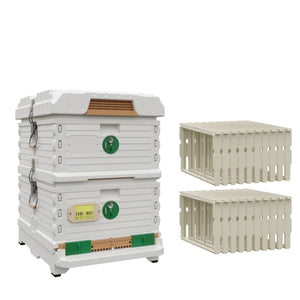 Ergo Double Brood Box Beehive Set. White hive with green entrance, white deep super with green round entrance, including pro frames.- Apimaye.