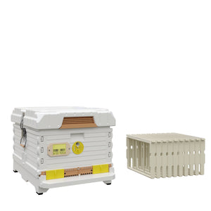 Apimaye Ergo White Hive with Pro Frames. White hive with yellow entrance.- Apimaye.