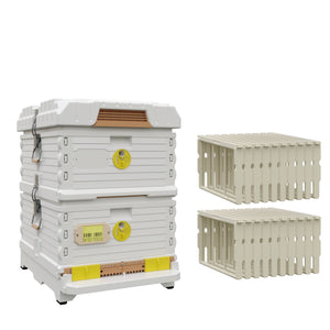Ergo Double Brood Box Beehive Set. White hive with yellow entrance, white deep super with yellow round entrance, including pro frames.- Apimaye.