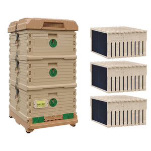 Ergo Plus Simplicity Honey & Brood Beehive Set. Tan color hive with green entrance, two tan color deep super with green round entrance, including wood frames and foundations.- Apimaye.