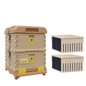 Ergo Double Brood Box Beehive Set. Tan color hive with yellow entrance, tan color deep super with yellow round entrance, including wood frames and foundations.- Apimaye.
