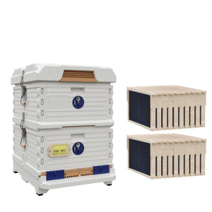 Ergo Double Brood Box Beehive Set. White hive with blue entrance, white deep super with blue round entrance, including wood frames and foundations.- Apimaye.