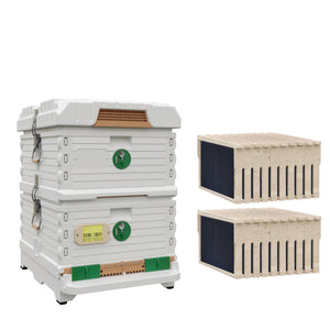 Ergo Double Brood Box Beehive Set. White hive with green entrance, white deep super with green round entrance, including wood frames and foundations.- Apimaye.