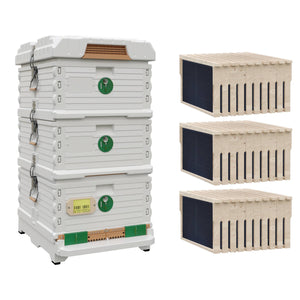 Ergo Plus White Simplicity Honey & Brood Beehive Set. White hive with green entrance, two white deep super with green round entrance, including wood frames and foundations.- Apimaye.