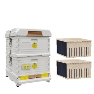 Ergo Double Brood Box Hive Set. White hive with yellow entrance, white deep super with yellow round entrance, including wood frames and foundations.- Apimaye.