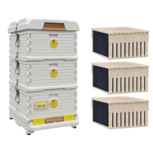 Ergo Plus White Simplicity Honey & Brood Beehive Set. White hive with yellow entrance, two white deep super with yellow round entrance, including wood frames and foundations.-Apimaye .