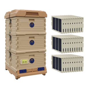 Ergo Plus Simplicity Honey & Brood Beehive Set With Pro Frames and Foundations. Tan color hive with blue entrance, tan color double  deep super with blue round entrances, including pro frames and foundations.- Apimaye