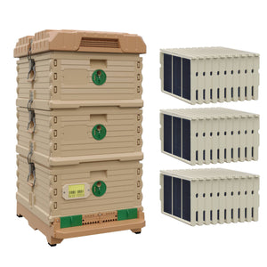 Ergo Plus Simplicity Honey & Brood Beehive Set With Pro Frames And Foundations. Tan color hive with green entrance, tan color double deep super with green round entrances, including pro frames and foundations.- Apimaye