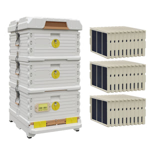 Ergo Plus White Simplicity Honey & Brood Beehive Set. White hive with yellow entrance, two white deep super with yellow round entrance, including pro frames and foundations.- Apimaye