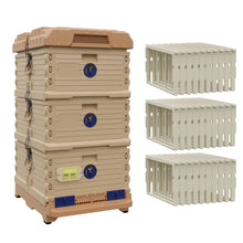 Load image into Gallery viewer, Ergo Plus Simplicity Honey &amp; Brood Beehive Set With Pro Frames. Tan color hive with blue entrance, tan color double deep super with blue round entrances, including pro frames. - Apimaye