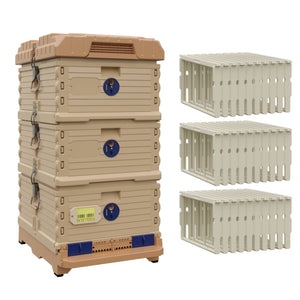 Ergo Plus Simplicity Honey & Brood Beehive Set With Pro Frames. Tan color hive with blue entrance, tan color double deep super with blue round entrances, including pro frames. - Apimaye