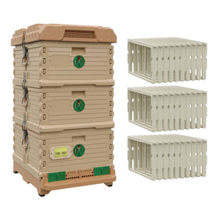 Ergo Plus Simplicity Honey & Brood Beehive Set With Pro Frames. Tan color hive with green entrance, tan color double deep super with green round entrances, including pro frames. - Apimaye