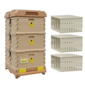 Ergo Plus Simplicity Honey & Brood Beehive Set With Pro Frames. Tan Color hive with yellow entrance, tan color double deep super with yellow round entrances, including pro frames.- Apimaye