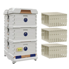 Load image into Gallery viewer, Ergo Plus White Simplicity Honey &amp; Brood Beehive Set With Pro Frames. White color hive with blue entrance, white color double deep super with blue round entrances. - Apimaye