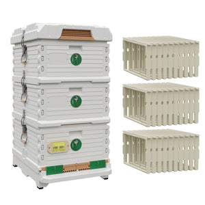 Ergo Plus White Simplicity Honey & Brood Beehive Set. White hive with green entrance,two white deep super with green round entrance, including pro frames. - Apimaye