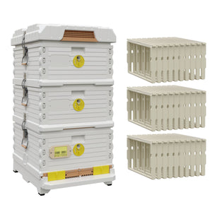 Ergo Plus White Simplicity Honey & Brood Beehive Set. White hive with yellow entrance, two white deep super with yellow round entrance, including pro frames and foundations.- Apimaye