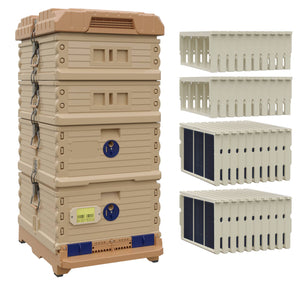 Ergo Plus Honey & Brood Beehive Set With Pro Frames for Deep Supers, Wood Frames for Medium Supers. Tan color hive with Blue entrance, a tan color deep super with blue round entrance, two tan color medium super.  - Apimaye