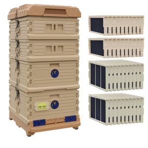 Ergo Plus Honey & Brood Beehive Set With Pro Frames for Deep Supers and Wood Frames for Medium Supers. Tan color hive with blue entrance, a tan color deep super with blue round entrance, two tan color medium supers.- Apimaye