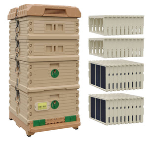 Ergo Plus Honey & Brood Beehive Set With Pro Frames and Foundations for Deep Supers, Wood Frames for Medium Supers. Tan color hive with green entrance, a tan color deep super with green round entrance, two tan color medium supers. - Apimaye