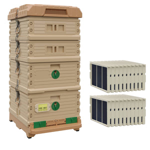 Ergo Plus Honey & Brood Beehive Set With Pro Frames And Foundations. Tan color hive with green entrance, a tan color deep super with green round entrance, two tan color medium supers. - Apimaye