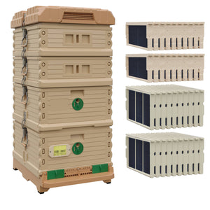 Ergo Plus Honey & Brood Beehive Set With Pro Frames and Foundations for Deep Supers, Wood Frames and Foundations for Medium Supers. Tan color hive with green entrance, a tan color deep super with green round entrance, two tan color medium supers.- Apimaye