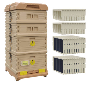 Ergo Plus Honey & Brood Beehive Set With Pro Frames And Foundations  for Deep Supers, Wood Frames For Medium Supers. Tan color hive with yellow entrance, a tan color deep super with yellow round entrance, two tan color medium supers.   - Apimaye