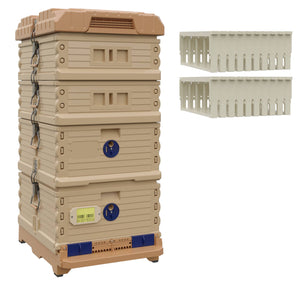 Ergo Plus Honey & Brood Beehive Set With Pro Frames For Deep Supers. Tan color hive with blue entrance, a tan color deep super with blue round entrance, two tan color medium supers.  - Apimaye