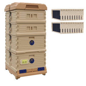 Ergo Plus Honey & Brood Beehive Set With Pro Frames And Foundations For Deep Supers. Tan color hive with blue entrance, a tan color deep super with blue round entrance, two tan color medium supers. - Apimaye
